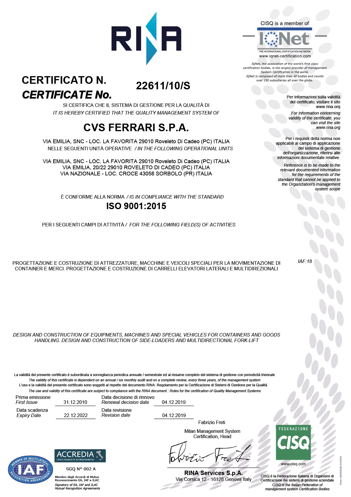 Quality Policy CVS ferrari S.P.A.